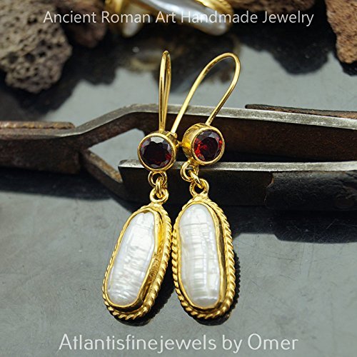 Turkish Pearl & Garnet Earrings Handmade Designer Jewelry By Omer 925 Sterling Silver 24 k Yellow Gold Plated