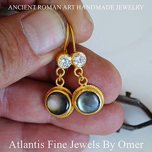 Omer 925 Silver Handmade Gold Earrings w/ MOP Pearl Artisan Turkish Fine Jewelry