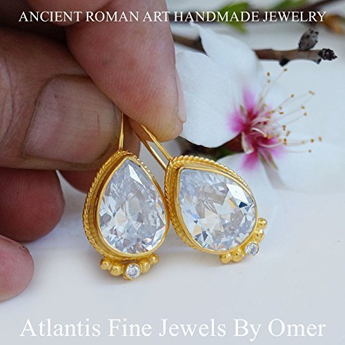 Large White Topaz Earrings By Omer 24 k Gold Over Sterling Silver Handmade