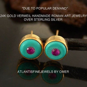 Roman Art Handmade Designer Turquoise & Ruby Stud Earrings 24 k Gold Over Silver By Omer