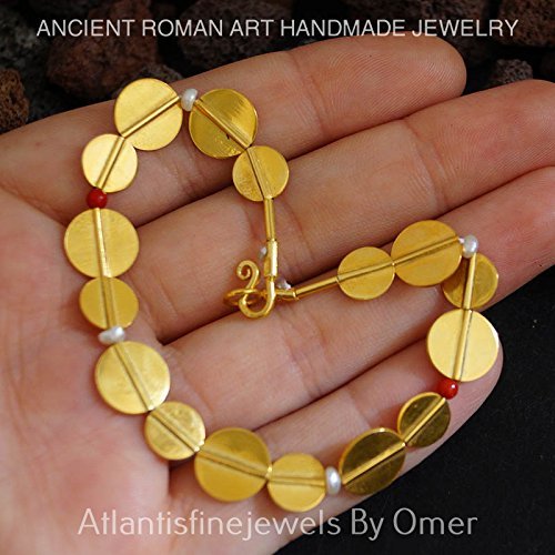 Handmade Troy Pearl & Coral Disc Bracelet 24k Gold Over Sterling Silver By Omer