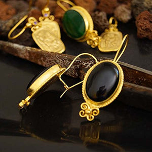 925k Sterling Silver Onyx Earrings 24k Gold Vermeil By Omer Handmade Roman Art