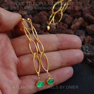 925 Silver Designer Handmade Long Emerald Earrings Omer 24k Yellow Gold Vermeil