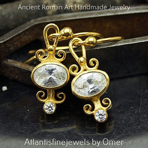 Turkish White Topaz Earrings Handmade Designer Jewelry By Omer 925 Sterling Silver 24 k Yellow Gold Plated