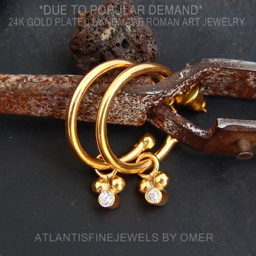 Turkish Charms & White Topaz Earrings Handmade Designer Jewelry By Omer 925 Sterling Silver 24 k Yellow Gold Plated