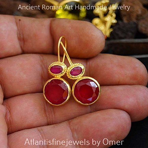 Hammered Handmade Red Topaz Earrings 24k Gold Over 925 Sterling Silver By Omer