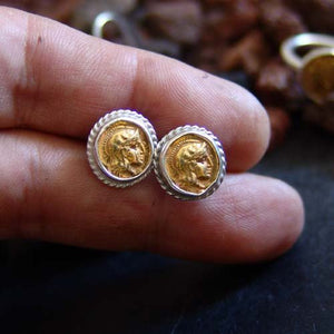 Ancient Roman Art 2 Tone Stud Coin Coin Earrings By Omer 925 k Sterling Silver