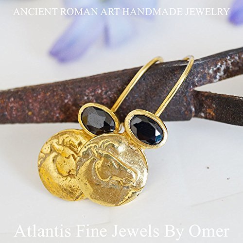 Turkish Bronze Coin Earrings Handmade Designer Jewelry By Omer 925 Sterling Silver 24 k Yellow Gold Plated