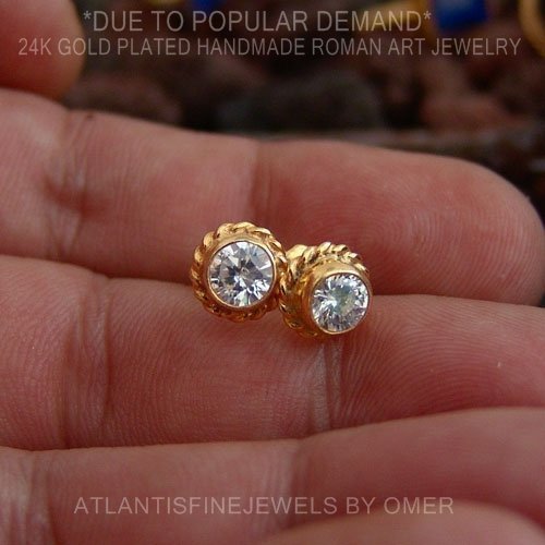 Ancient Art White Topaz Stud Earrings 24 k Gold Over 925 k Silver By Omer