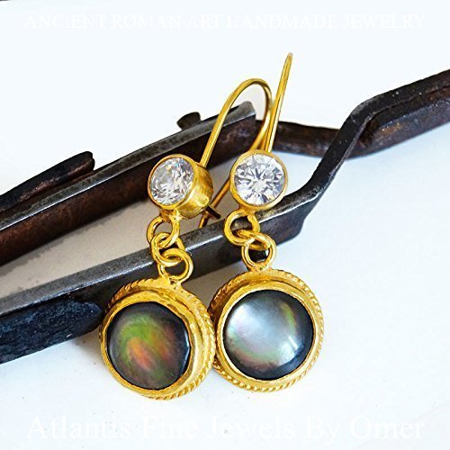 Omer 925 Silver Handmade Gold Earrings w/ MOP Pearl Artisan Turkish Fine Jewelry