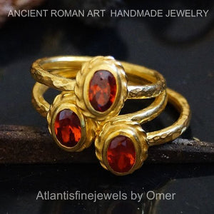 Turkish Garnet Stack Ring Handmade Designer Jewelry By Omer 925 Sterling Silver 24 k Yellow Gold Plated