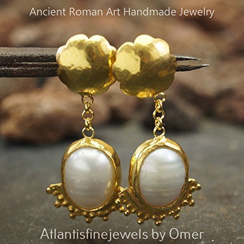 Handcrafted Ancient Sterling Silver Sun Collection Dangle Earrings w/ Pearl 24k Gold Plated Turkish Jewelry