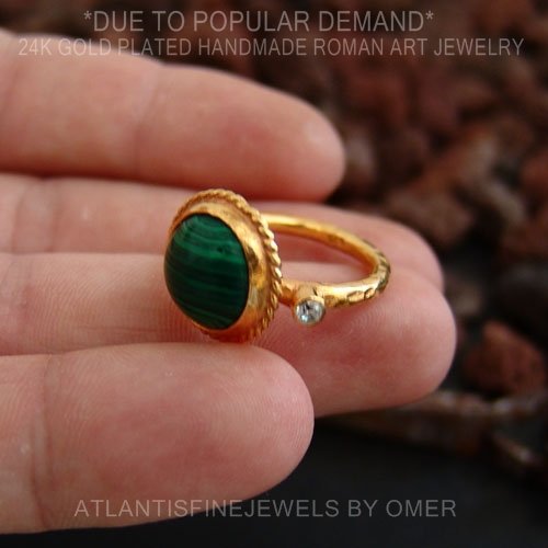 Turkish Malachite Ring Hammered Jewelry 925 Sterling Silver 24 k Yellow Gold Plated