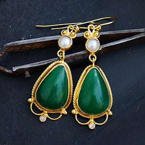 Omer 925 k Silver Handmade Turkish Large Green Jade & Pearl Gold Earrings