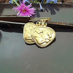 Omer Large Horse Coin Earrings w/ Onyx 925 k Sterling Silver Roman Fine Jewelry