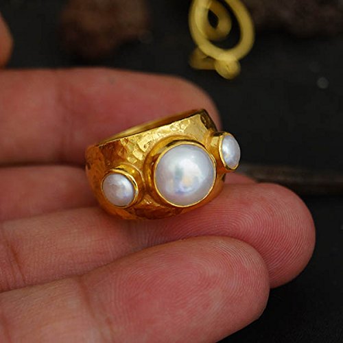 Turkish Handmade Pearl Ring 925 Sterling Silver 24 k Yellow Gold Plated