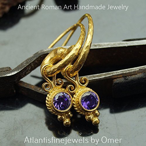 Turkish Amethyst Charm Earrings Handmade Designer Jewelry By Omer 925 Sterling Silver 24 k Yellow Gold Plated