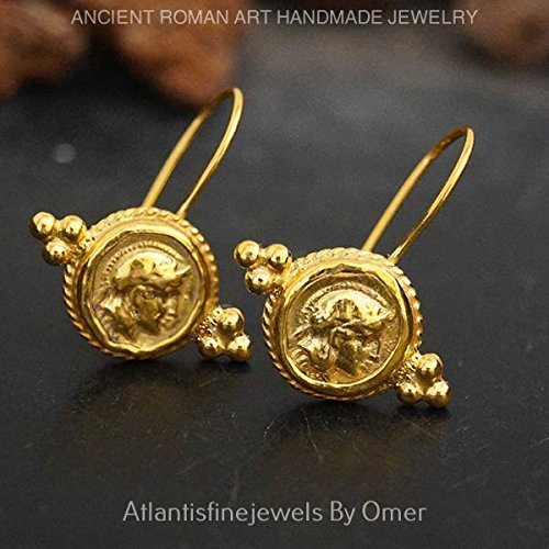 Turkish Omer 925 k Silver Handmade Alexander Coin Hook Earrings 24k Gold Vermeil