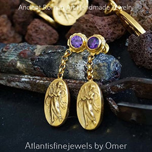 Omer Handmade Coin Amethyst Drop Earrings 925k Sterling Silver 24k Gold Vermeil