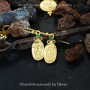 925 k Sterling Silver Handmade Roman Art Chrome Diopside Coin Earrings By Omer