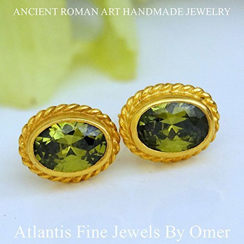 Turkish Peridot Earrings Handmade Designer Jewelry By Omer 925 Sterling Silver 24 k Yellow Gold Plated