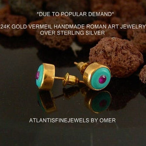 Roman Art Handmade Designer Turquoise & Ruby Stud Earrings 24 k Gold Over Silver