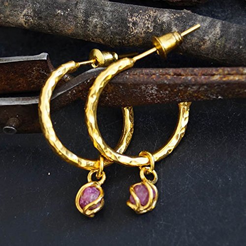 Omer Roman Art Handmade Hoop Earings w/ Ruby Charms 24k Gold Over 925 Silver