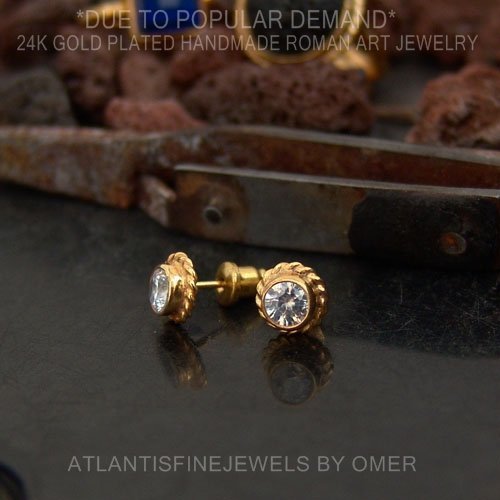 Ancient Art White Topaz Stud Earrings 24 k Gold Over 925 k Silver By Omer