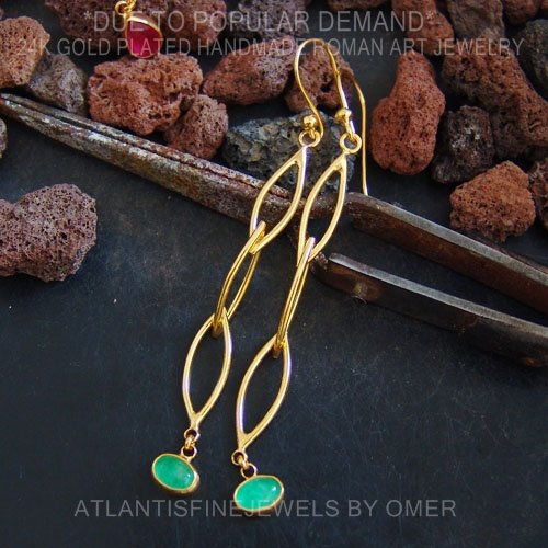 Turkish Emerald Earrings Handmade Designer Jewelry By Omer 925 Sterling Silver 24 k Yellow Gold Plated