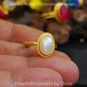 Hand Forged Free Form Pearl Ring By Omer 24 k Yellow Gold Over Sterling Silver