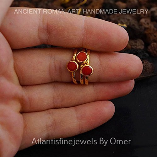 Turkish Handmade Coral Ring Set 925 Sterling Silver 24 k Yellow Gold Plated