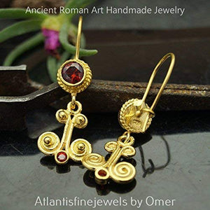 Omer 925 Silver Ancient Art Dangle Garnet Gold Earrings Fine Turkish Jewellery