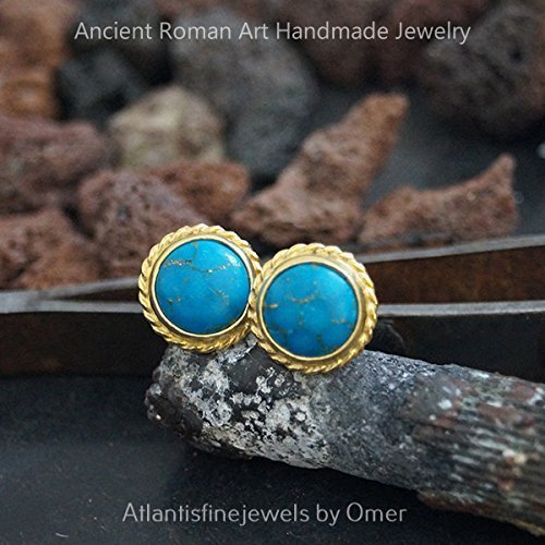 Roman Art Handmade Designer Turquoise Stud Earrings 24k Gold Over Silver By Omer