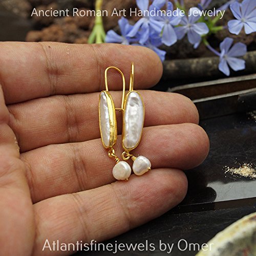 Handmade Dangle Long White Pearl Earrings Ancient Work Sterling Silver 24k Gold Vermeil