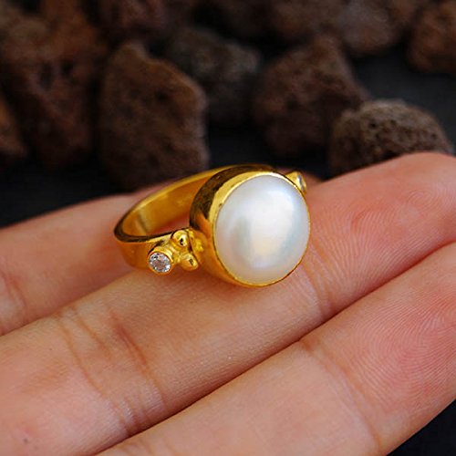 Turkish Hammered Pearl Jewelry Ring 925 Sterling Silver 24 k Yellow Gold Plated
