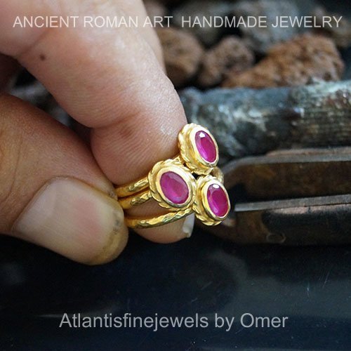 3 pcs Roman Art Oval Ruby Stack Ring Set 24k Gold Over 925 Silver By Omer