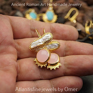Handmade 925k Silver Pearl & Pink Quartz Earrings Sun Collection By Omer 24k Gold Plated
