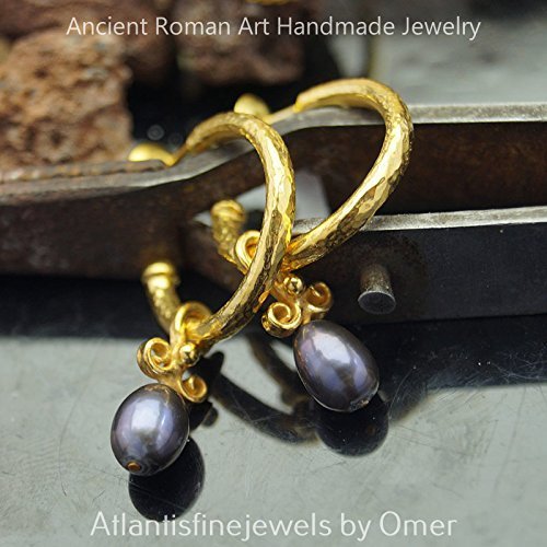  Turkish Pearl Earrings Handmade Designer Jewelry By Omer 925 Sterling Silver 24 k Yellow Gold Plated