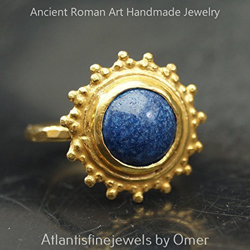 Turkish Lapis Lazuli Ring Handmade Designer Jewelry By Omer 925 Sterling Silver 24 k Yellow Gold Plated