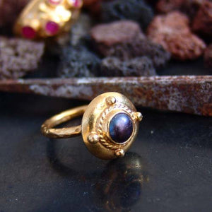 Black Pearl Ring Sterling Silver 24k Yellow Gold Vermeil, Turkish Jewelry Ring,