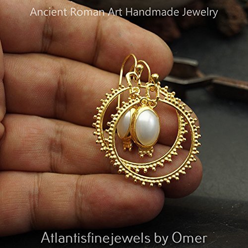 Handcrafted Ancient Sterling Silver Sun Collection Large Circle Earrings w/ Pearl 24k Gold Plated