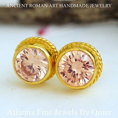 Turkish Peach Topaz Earrings Handmade Designer Jewelry By Omer 925 Sterling Silver 24 k Yellow Gold Plated