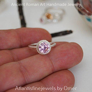Omer 925 k Sterling Silver Handmade 8 mm Pink Topaz Stacking Ring Turkish Jewelry