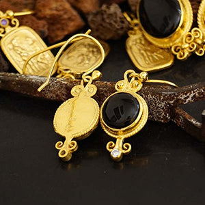 925 Sterling Silver Roman Art Black Onyx Earrings 24k Gold Vermeil Turkish Omer