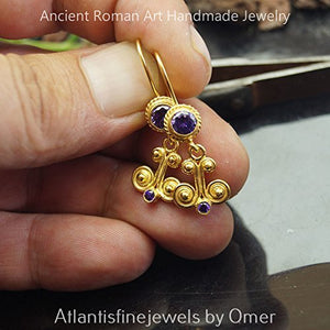 Omer 925k Silver Ancient Art Jewelry Artisan Amethyst Earrings 24k Gold Vermeil