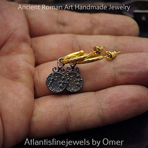 Omer 925 Fine Silver Hammered Hoop Earrings W/ Oxidized Charm 24k Gold Vermeil