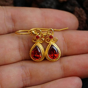 Sterling Silver Garnet Topaz Hook Earrings 24k Yellow Gold Vermeil Handcrafted Roman Art Design Women Earrings Turkish Designer Jewelry
