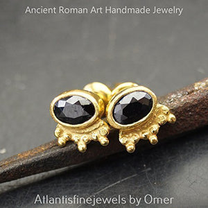 Omer 925k Sterling Silver Granulated Onyx Stud Earrings Turkish Designer Jewelry