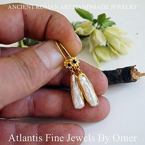 Onyx & Pearl Dangle Earrings 925 k Silver By 24 k Gold PLated Handmade By Omer