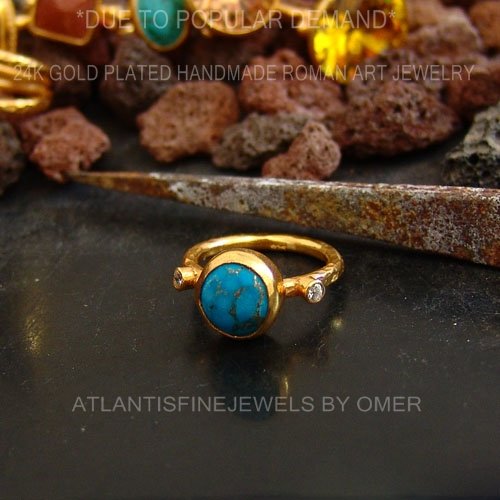 925k Sterling Silver Turquoise W/Topaz Stack Ring 24k Gold Plated, Handmade Anci